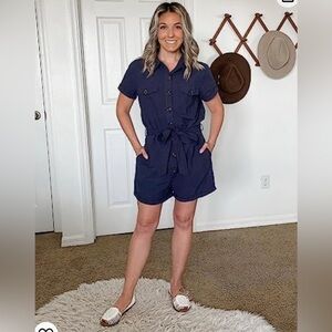 Women's Navy Blue Casual Short Sleeves Button Down Pocket Belted Jumpsuit